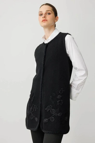 25014 DESEN TRİKO ÖNÜ YAPRAK ÇİÇEKLİ AFRODİT SALLAMA BANTLI ÇITÇITLI  S YAKA UZUN YELEK - Resim 5