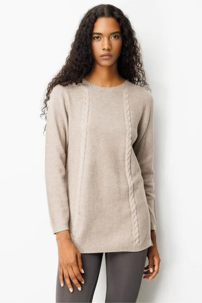 25266 DESEN TRİKO YANI YIRTMAÇLI ÖNÜ VEREV SAÇLI PİRİNÇ ÖRGÜ BAYAN BLUZ - Resim 8