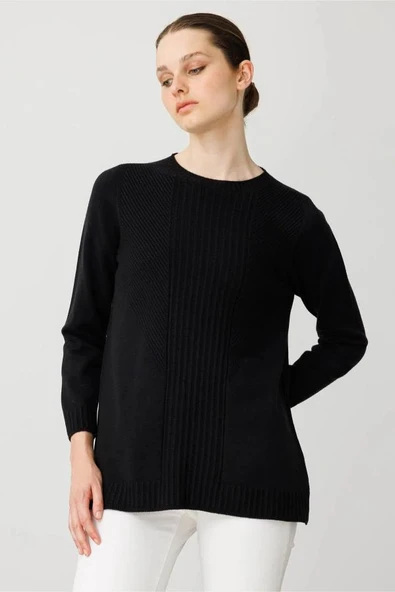 25250 DESEN TRİKO ÖNÜ ÇİZGİLİ GÖĞSÜ VEREV BİRİKTİRMELİ SIFIR YAKA TUNİK - Resim 5