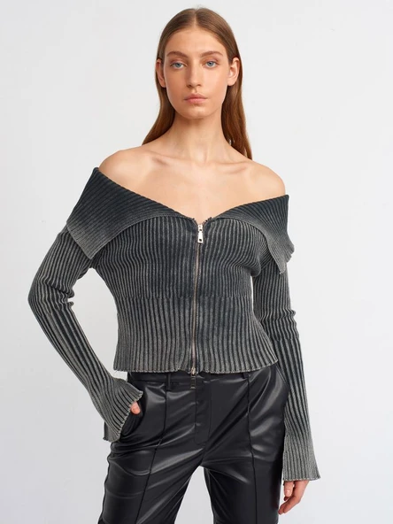 60206 DİLVİN SOLUK EFEKTLİ KOL YIRTMAÇ DETAYLI FERMUARLI HIRKA - Resim 3