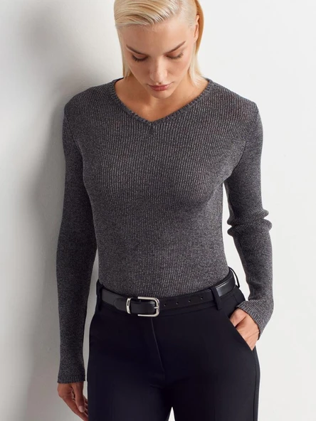 10803 DİLVİN V YAKA SİMLİ TRİKO KAZAK - Resim 4