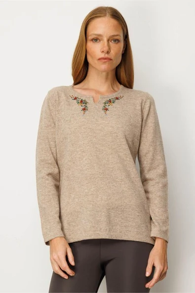 25036 DESEN TRİKO YAKAN KENARI İŞLEMELİ INTERSİYA SIFIR YAKA PATLI BLUZ - Resim 3