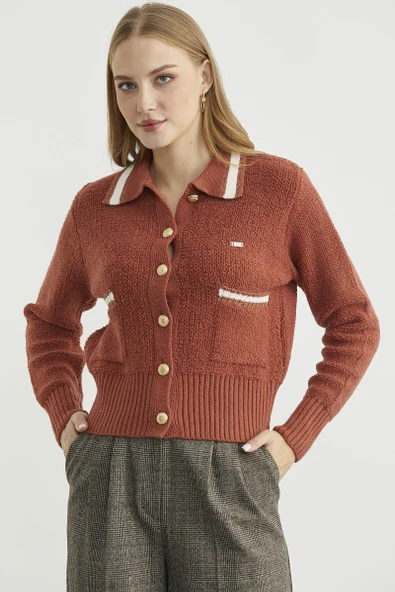 Polo Yaka Düğmeli Triko Hırka - Taba - Resim 4