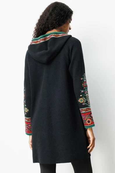 25056 DESEN TRİKO KOLU KAPŞONLU KİLİM JAKARLI REGLAN KOL FERMUARLI UZUN PÜSKÜLLÜ KABAN - Resim 7