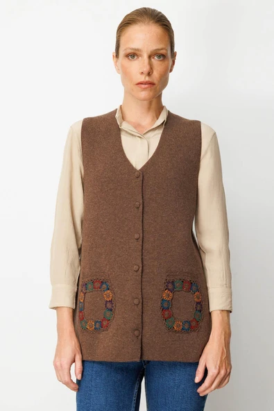 25020 DESEN V YAKA CEBİ TIĞLAMALI YÜN TRİKO YELEK - Resim 4