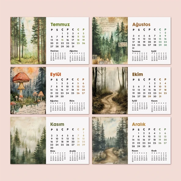 2026 Orman Masa Takvimi | Üç Aylık Takvim - Önceki Ay Sonraki Ay | Doğa ve Ağaç İllüstrasyonları | Minimal Ofis ve Ev De - Resim 4