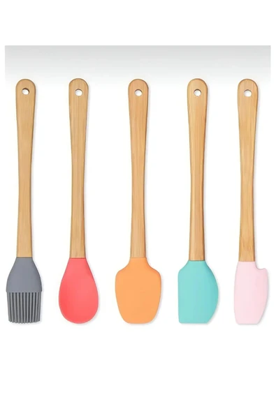 5'li Renkli Ahşap Saplı Silikon Uçlu Spatula Fırçalı Kaşık Seti -Yemek Hazırlık Seti 21 Cm ürün görseli