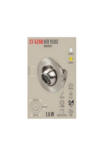 CT 5268 1.5W Satin Kasa Led Spot 6400K Beyaz Işık - Resim 2