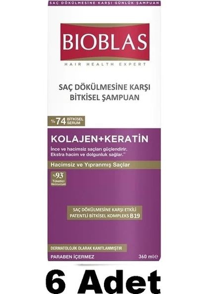 Bioblas Kolajen + Keratin Saç Dökülmesine Karşı Şampuan 360 Ml 6 Adet ürün görseli