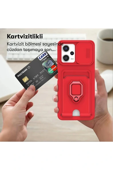 LitaeTrend Xiaomi Poco X5 5G Kılıf Zuma Kartvizitli Yüzüklü Silikon - Kırmızı - Resim 5