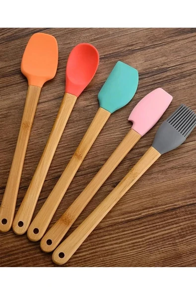 5'li Renkli Ahşap Saplı Silikon Uçlu Spatula Fırçalı Kaşık Seti -Yemek Hazırlık Seti 21 Cm - Resim 4