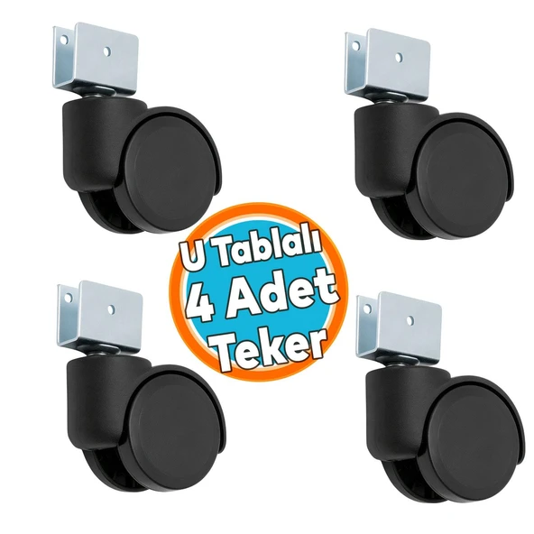 4 Adet Dönerli Koltuk Tekeri Kısa U Tablalı Siyah Metal Gövde Dayanıklı 360 Derece Döner Mekanizma ürün görseli