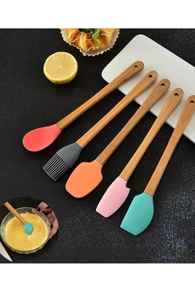 5'li Renkli Ahşap Saplı Silikon Uçlu Spatula Fırçalı Kaşık Seti -Yemek Hazırlık Seti 21 Cm - Resim 3