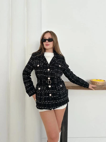 BİÇOMİ Çok düğmeli kemerli yüksek kaliteli astarlı ceket siyah os255859 ürün görseli