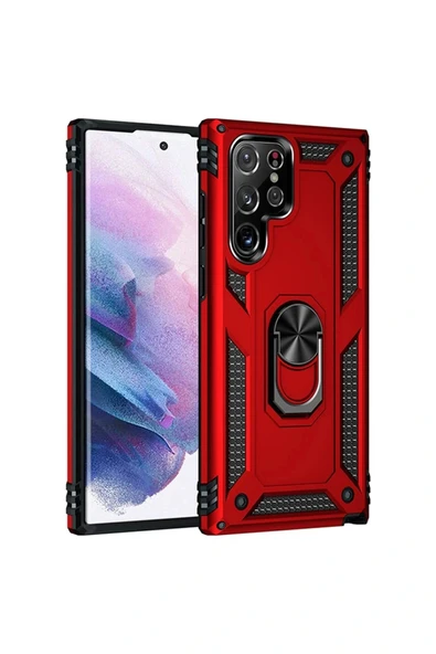 LitaeTrend Samsung Galaxy S21 Ultra Kılıf Sofya Yüzüklü Silikon Kapak - Kırmızı ürün görseli 1