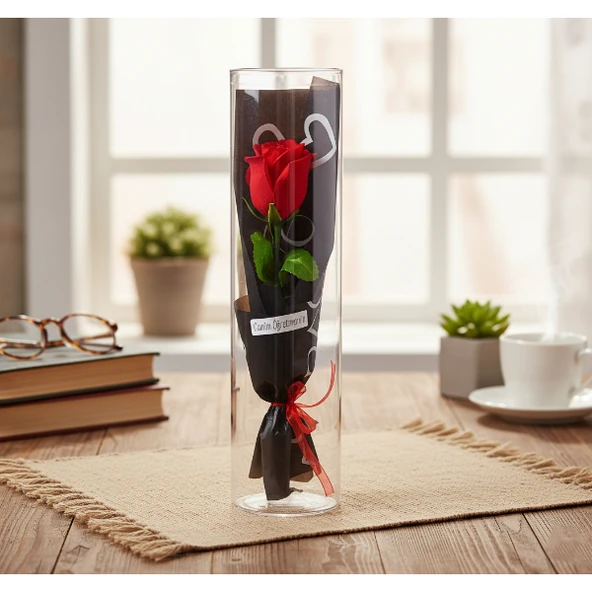Şeffaf Silindir Kutulu Gül - Öğretmenler Günü Hediyesi - Resim 5