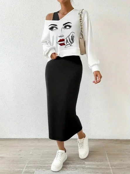 Kadın Askılı Yuvarlak Yaka Viskon Iki Iplik Elbise Ve V Yakalı Bluz Ikili Takım - Resim 2