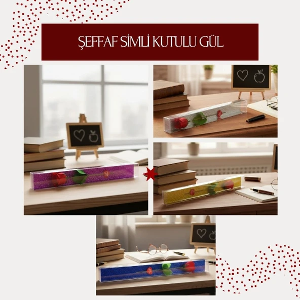 Şeffaf Simli Kutulu Gül - Öğretmenler Günü Hediyesi ürün görseli