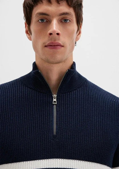 M0710131-70490 MAVİ ÇİZGİLİ FERMUARLI TRİKO KAZAK - Resim 4