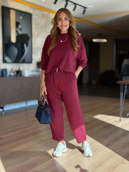 Kadın Uzun Kollu Bisiklet Yaka Viskon Iki Iplik Bluz Ve Pantolon Ikili Takım - Resim 3