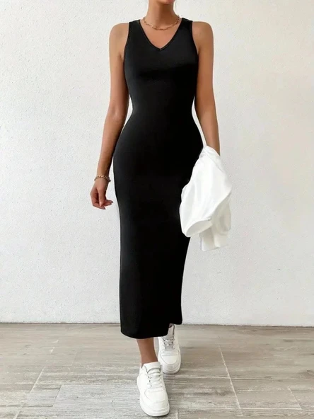 Kadın Askılı Yuvarlak Yaka Viskon Iki Iplik Elbise Ve V Yakalı Bluz Ikili Takım - Resim 3