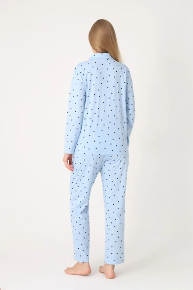Mavi Polka Dot Önden Düğmeli Pijama Takım - Resim 3