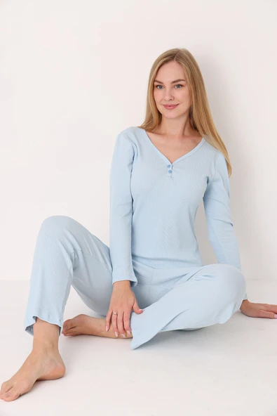 Mavi Patlı V Yaka Pijama Takım ürün görseli 1