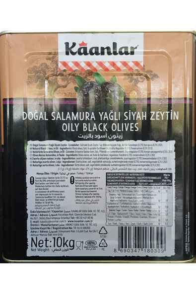 Kaanlar Doğal Salamura Yağlı Siyah Zeytin (L) Orta Boy 10 kg Teneke - Resim 2