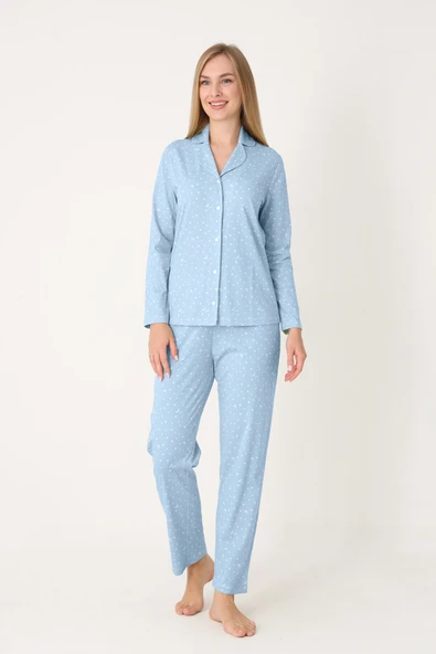Mavi Moon And Stars Önden Düğmeli Pijama Takım ürün görseli 1