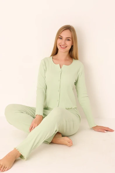 Yeşil Önden Düğmeli Pijama Takımı - Resim 3