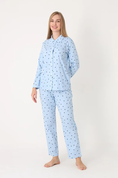 Mavi Polka Dot Önden Düğmeli Pijama Takım - Resim 2