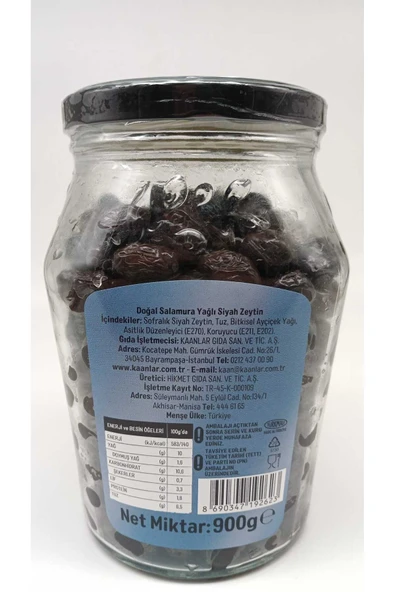 Kaanlar Mini Zey Doğal Salamura Yağlı Siyah Zeytin 900 Gr CAM (351-380) - Resim 2