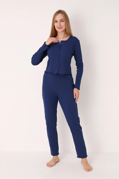Lacivert Önden Düğmeli Pijama Takımı - Resim 2