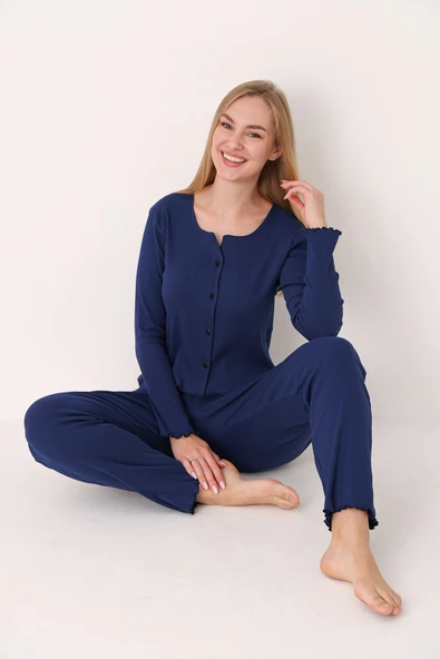 Lacivert Önden Düğmeli Pijama Takımı ürün görseli 1