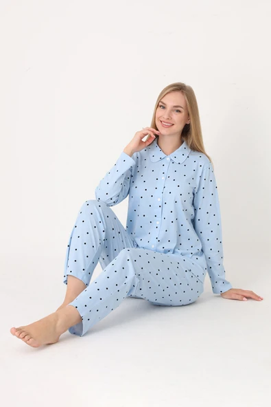 Mavi Polka Dot Önden Düğmeli Pijama Takım ürün görseli 1