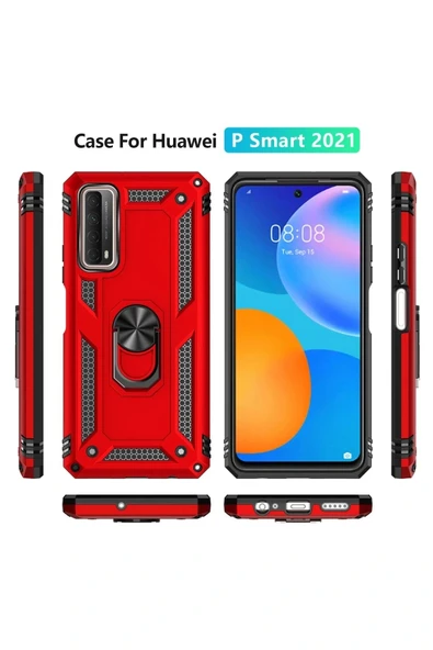 LitaeTrend Huawei P Smart 2021 Kılıf Sofya Yüzüklü Silikon Kapak - Kırmızı - Resim 3