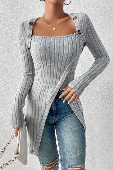 Kadın Gri Düğme Detaylı Kare Yaka Fitilli Asimetrik Etekli Uzun Kollu Bluz ürün görseli