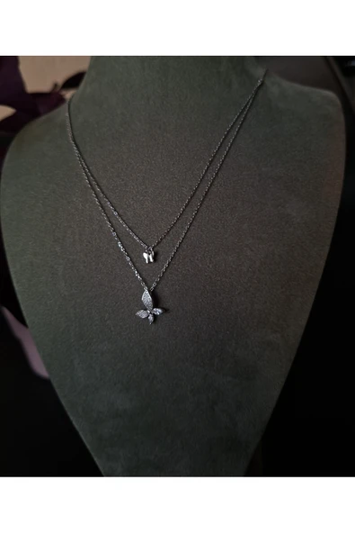 925 Ayar Gümüş İki Kelebek Detaylı Çift Zincir Model Genç/Yetişkin Kadın Kolyesi - Şık Tasarım ürün görseli 1