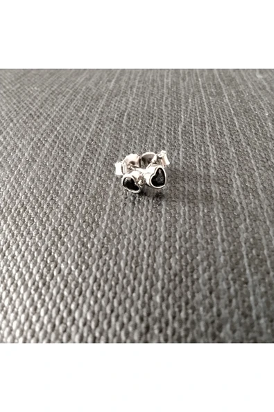 925 Ayar Gümüş Zirkon Taşlı Kalp Model Kadın/Genç/Çocuk Model Küpe- Siyahl Renk / 4mm - Resim 3