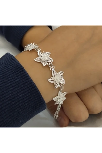 Gümüş Telkari Zambak Model Bileklik - 925 Ayar - Resim 2