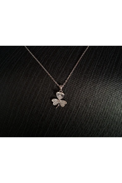 925 Ayar Gümüş Kalpli Zirkon Taş Model 3 Yaprak Şans Yoncalı Genç/Yetişkin Kadın Kolyesi ürün görseli 1