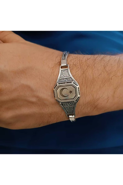 952 Ayar Gümüş Ay Yıldızlı Erkek Bileklik ürün görseli 1