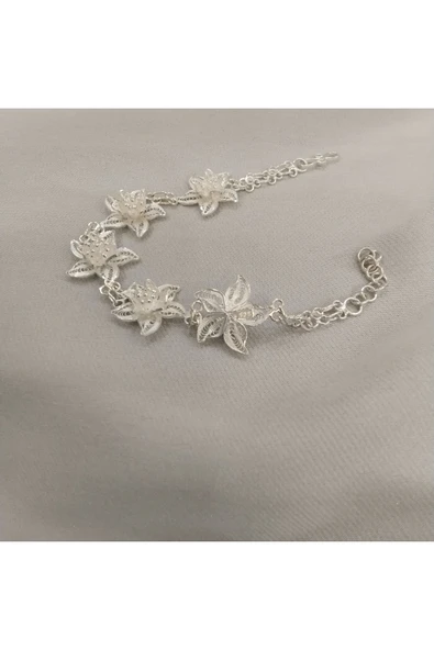 Gümüş Telkari Zambak Model Bileklik - 925 Ayar - Resim 3