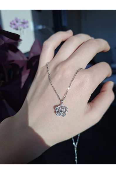 925 Ayar Gümüş Gül Tasarım Detaylı Genç/Yetişkin Kadın Kolyesi- Şık Tasarım ürün görseli 1