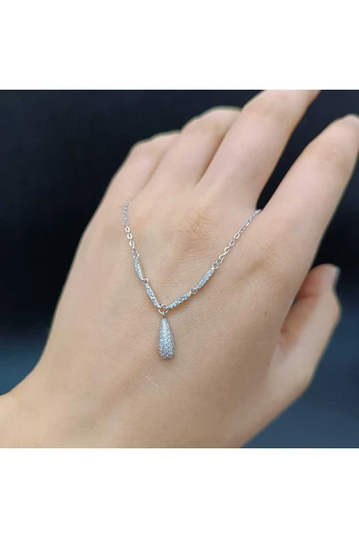 925 Ayar Gümüş Zirkon Taşlı Su Damlası Model Kadın Kolye-Şık Tasarım - 42 cm (+5cm) - Resim 2