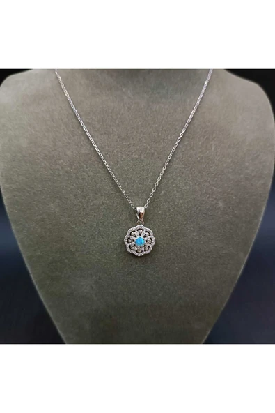 925 ayar gümüş turkuaz renkli taş detaylı minimalist kolye - Resim 3