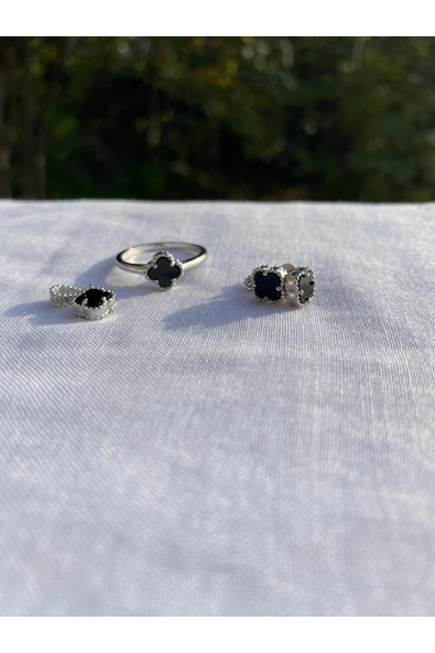 925 Ayar Gümüş Siyah Kadın Kolye, Küpe ve Yüzük Seti (Kolye Ucu Zincirsiz) ürün görseli 1
