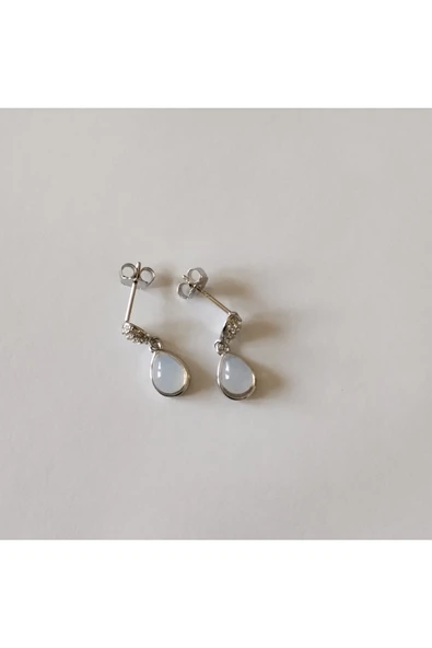 925 Ayar Gümüş Beyaz Mineli Damla Model Genç/Yetişkin Kadın Küpe -Şık Tasarım - Resim 2