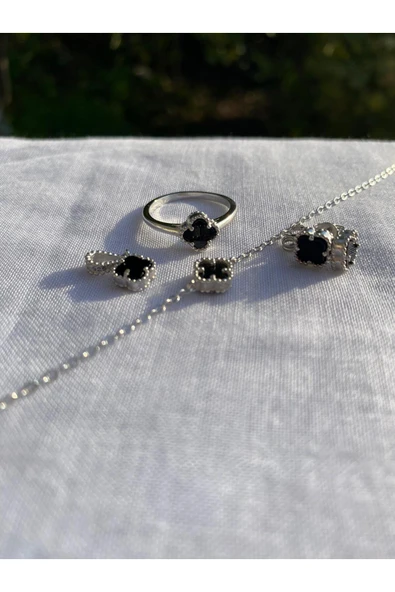 925 Ayar Gümüş Siyah Kadın Kolye, Küpe, Bileklik ve Yüzük Seti (Kolye Ucu Zincirsiz) - Resim 2