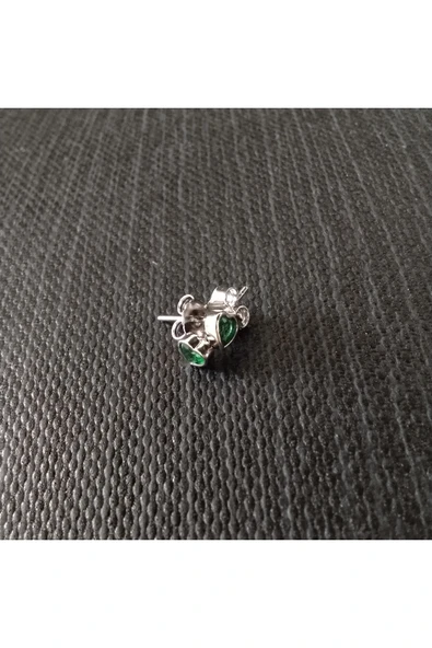 925 Ayar Gümüş Zirkon Taşlı Kalp Model Kadın/Genç/Çocuk Model Küpe- Yeşil Renk / 4mm - Resim 3